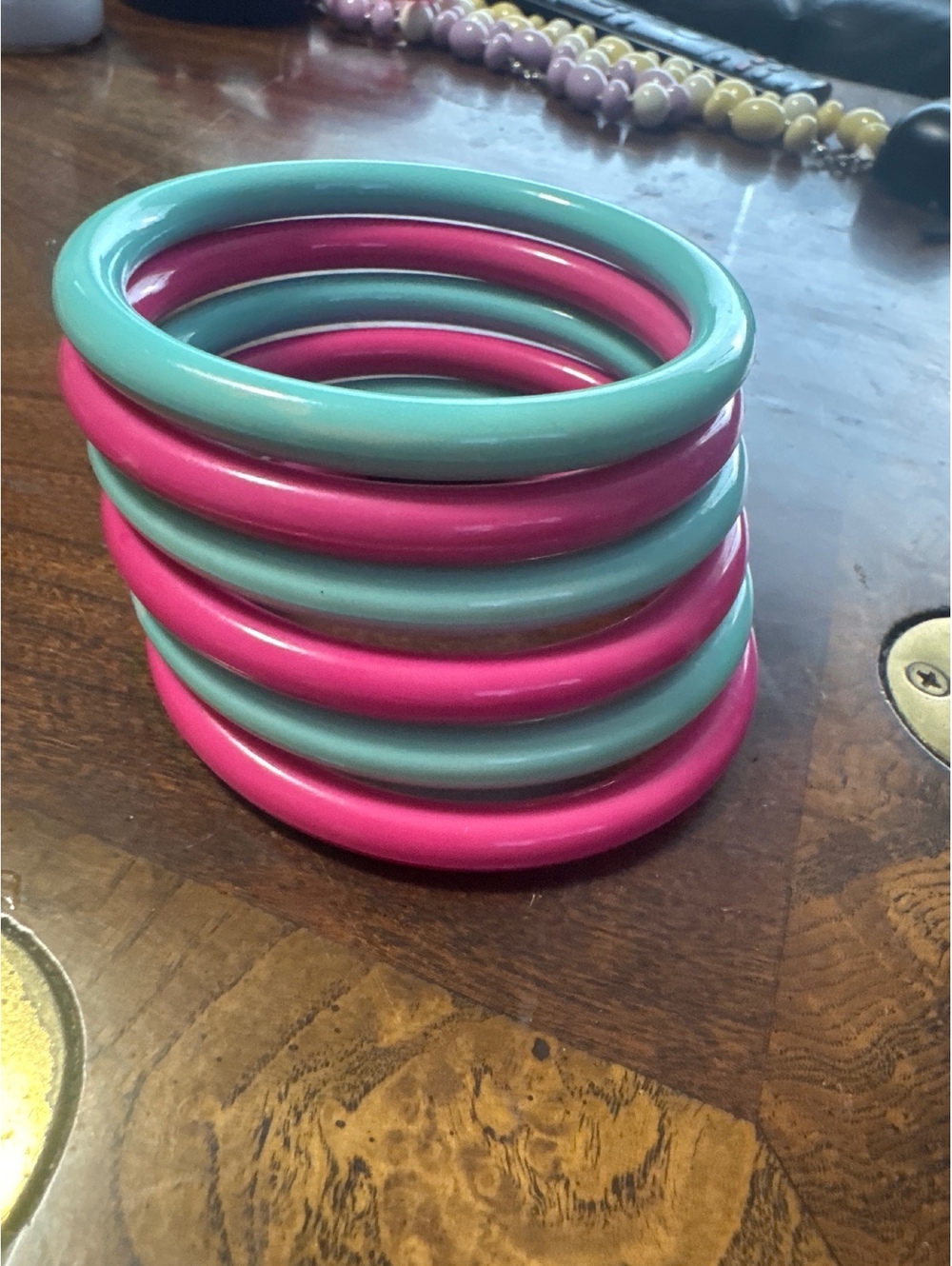 6 Vintage Pink Aqua 1980s Plastic Stacking Bangles Set Retro 80s Neon Statement